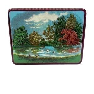 Vintage Tin with Lid of Pond with Swans and Landscaping
